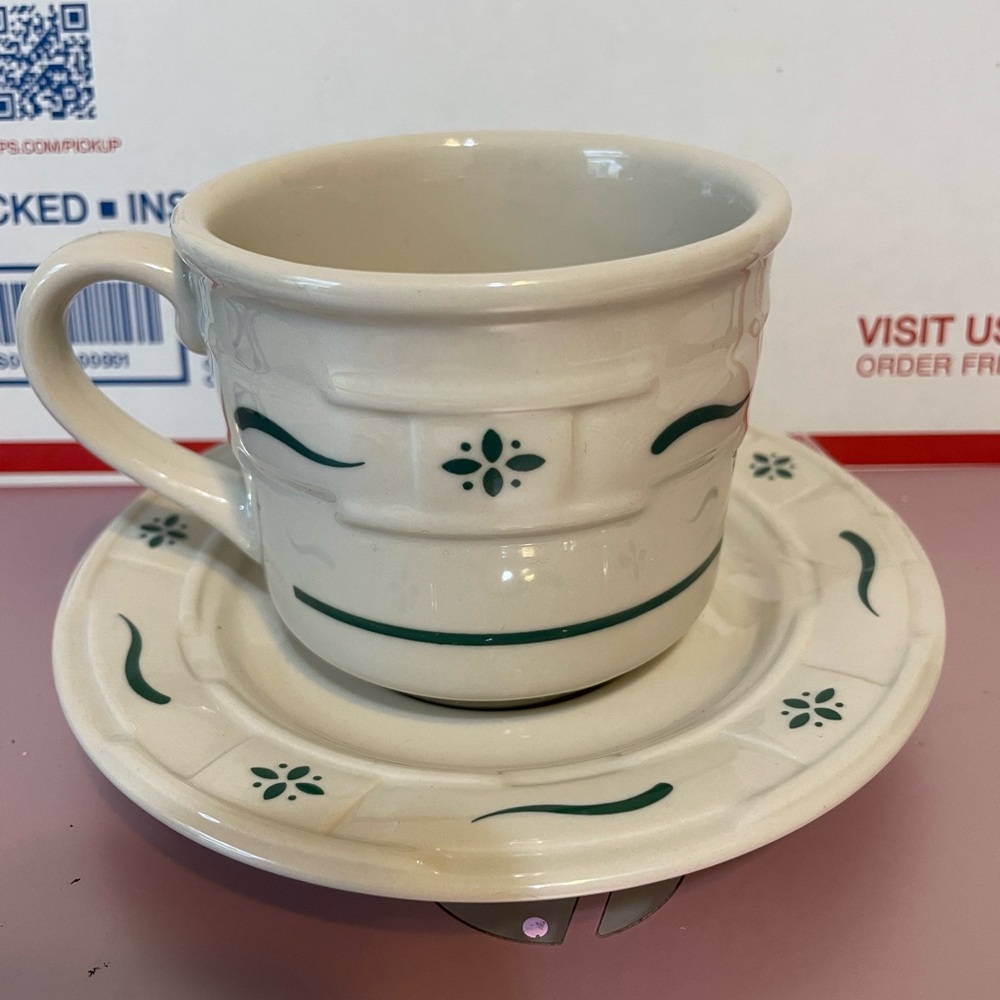 Longaberger White and Dark Green Ceramic Cup and Saucer